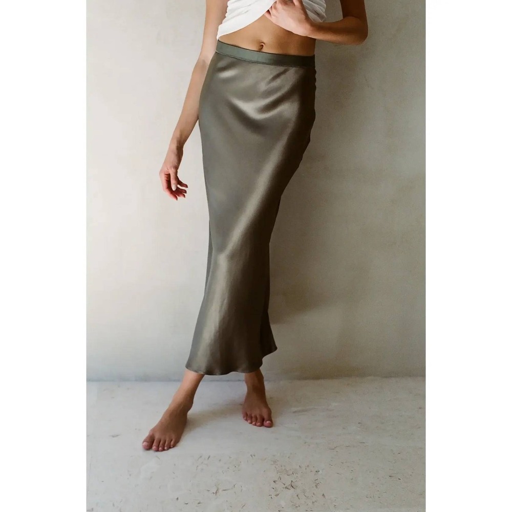 a. ren AR1049 Maxi Skirt Satin Bias Cut Olive Green Size S